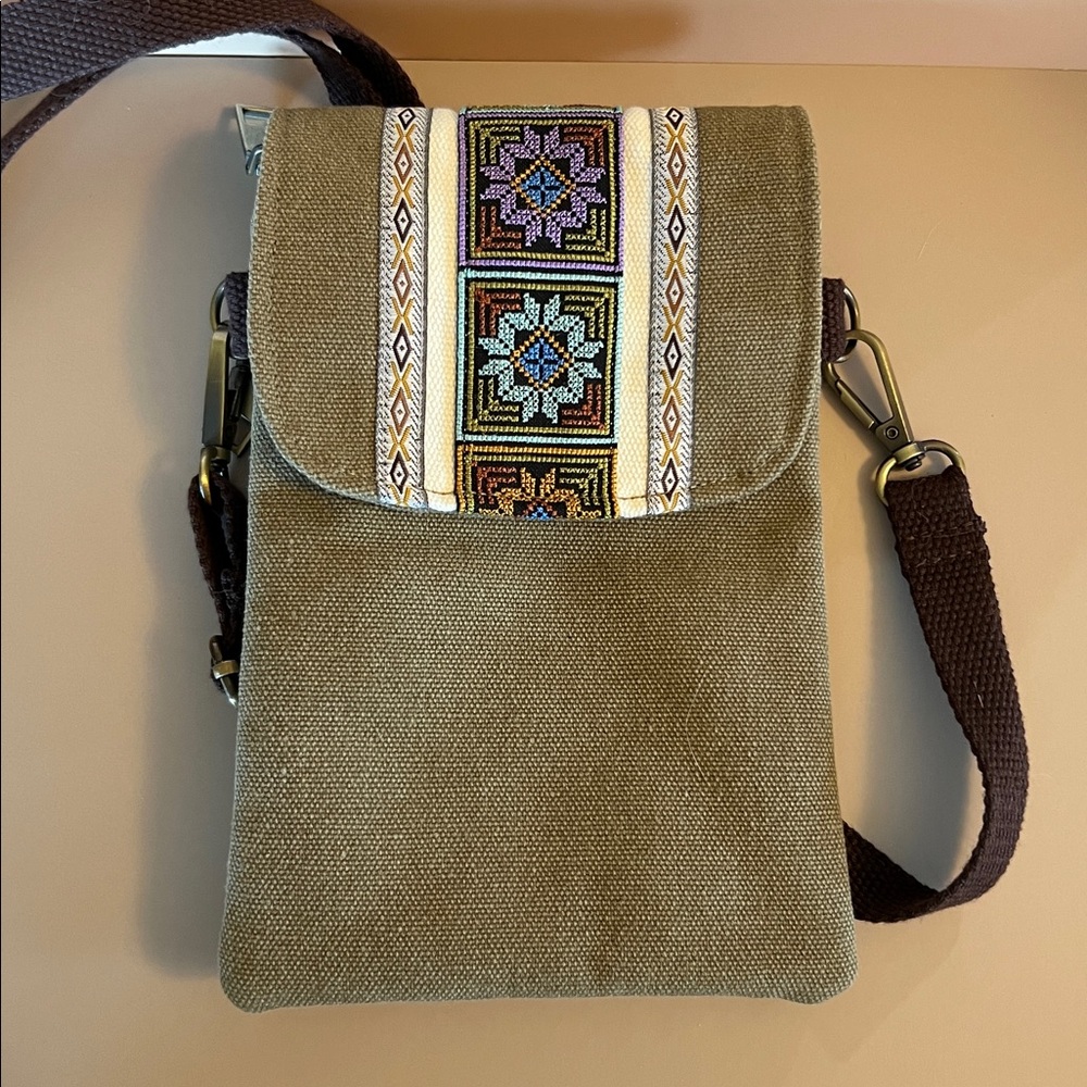 Embroidered Khaki Crossbody Bag